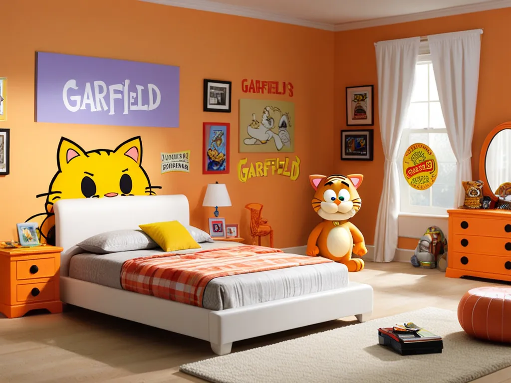 Playful kids room, Garfield theme. Orange walls, cartoon decor. Bed, white frame.