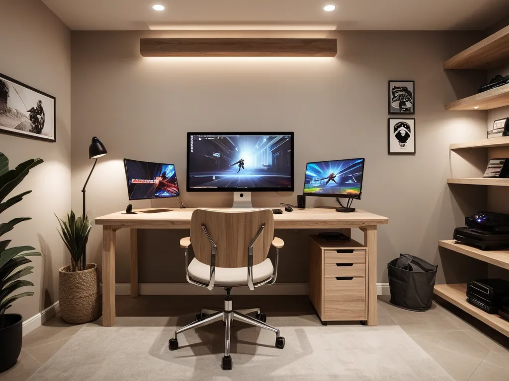 Modern home office, gaming setup. Large wooden desk, multiple monitors. Ergonomic chair, neutral tones.