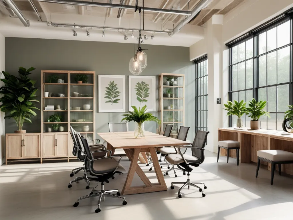 Modern office meeting room, natural light. Wooden table, ergonomic chairs.
